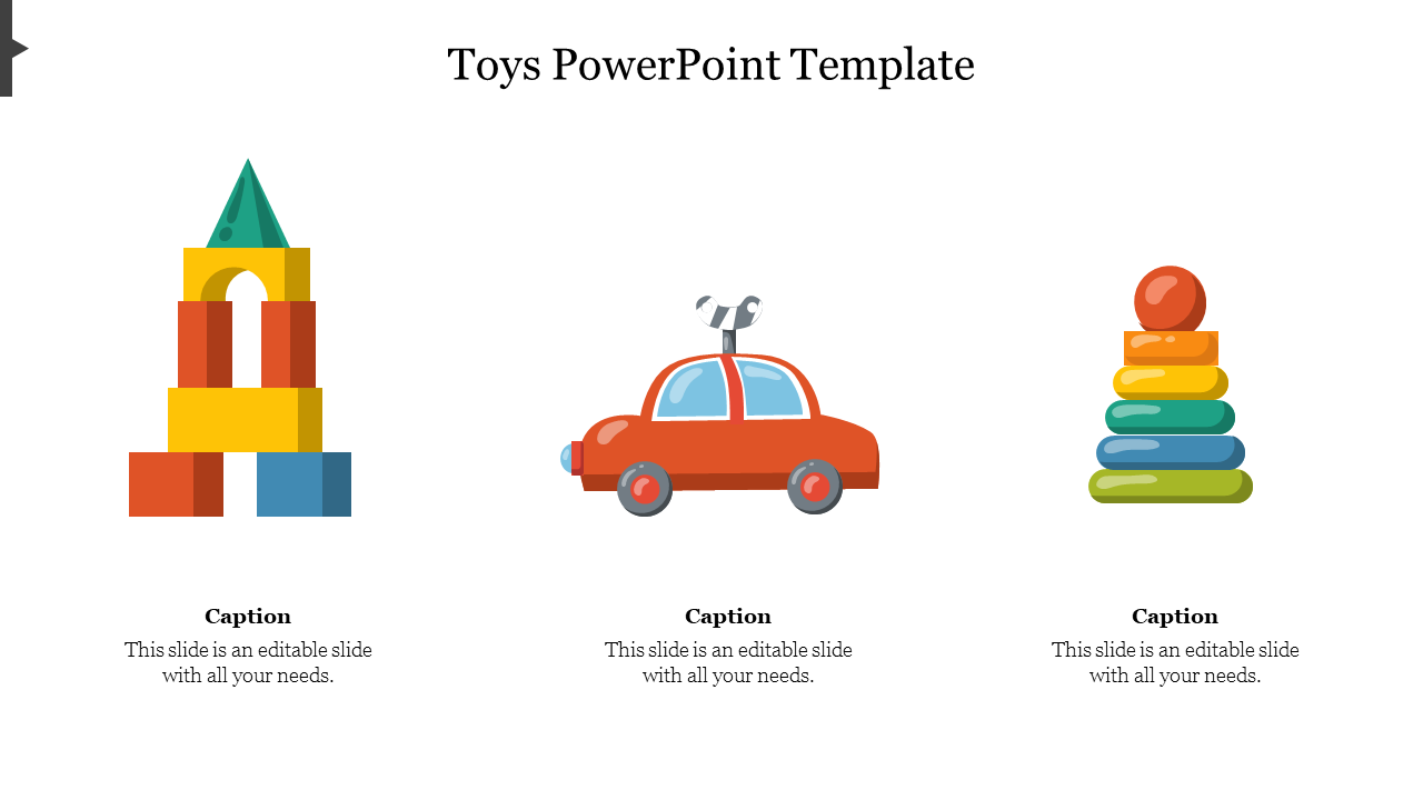 Colorful toys displayed slide, featuring a block tower, a red toy car, and a stacking ring set with captions.