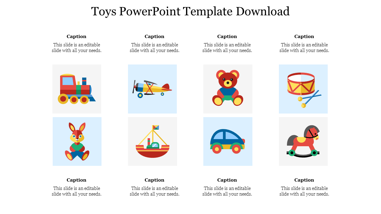 Grid of eight toy illustrations, including a train, plane, teddy bear, and rocking horse, each with captions.