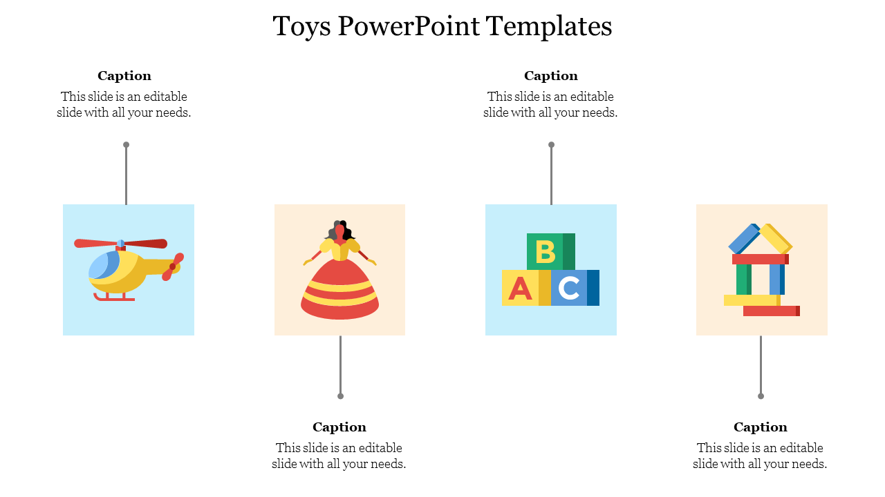 Four colorful toy illustrations, each in a square box with captions below, on a white background.