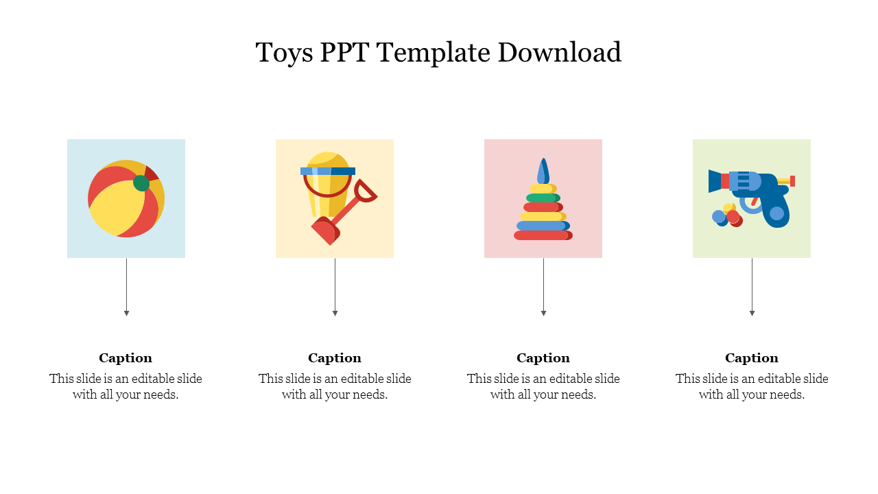 Four colorful square icons featuring a ball, sand toy set, stacking rings, and toy gun, each with captions below.