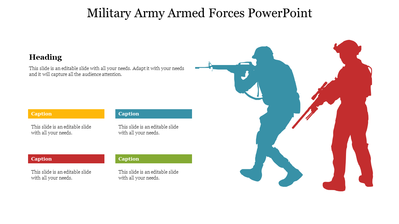 Military slide template with colored soldier silhouettes and caption boxes, designed for presentations on armed forces.