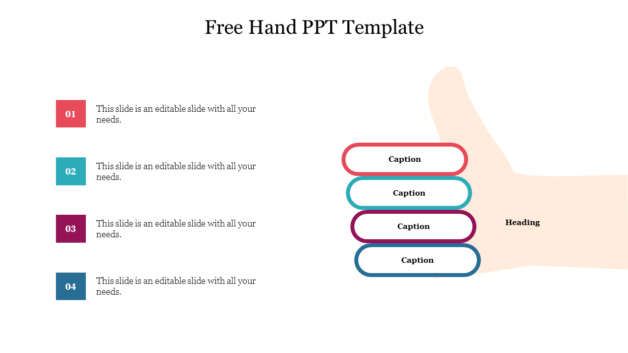 Free hand-themed slide design with an illustration of a hand holding layered caption boxes in various colors.