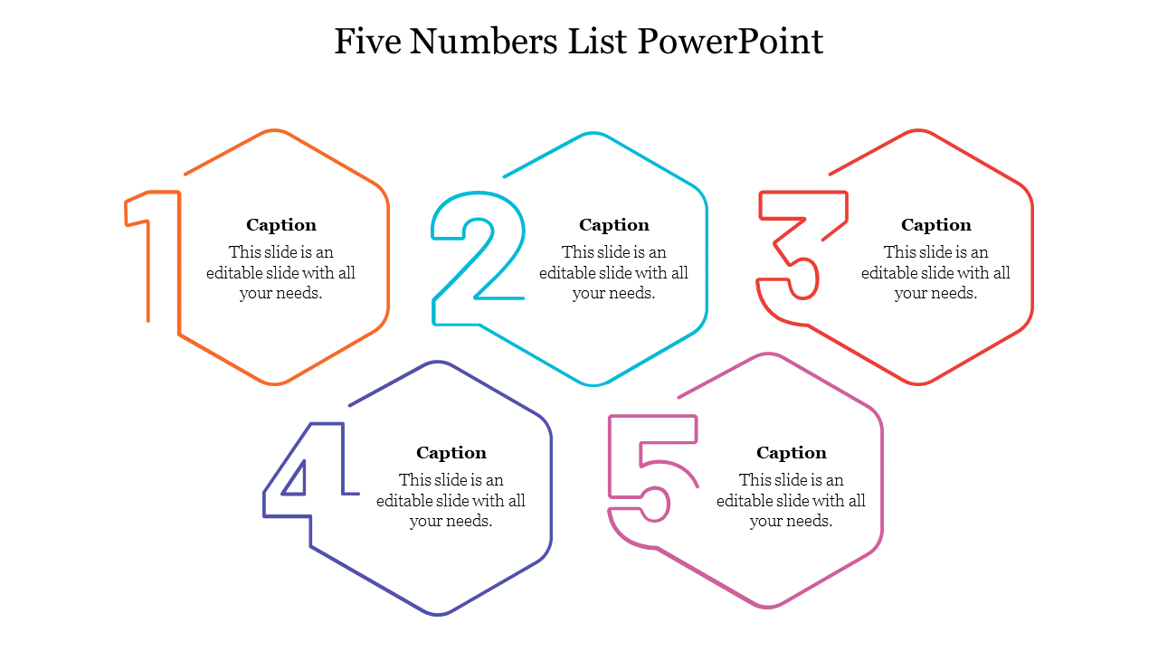 Five Numbers List PowerPoint with hexagon design