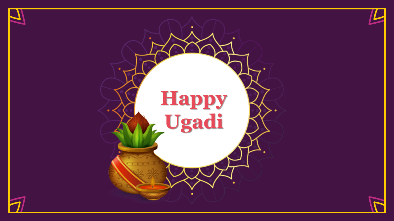 Happy Ugadi greeting with a colorful background, featuring a decorated pot with flowers and a lamp.