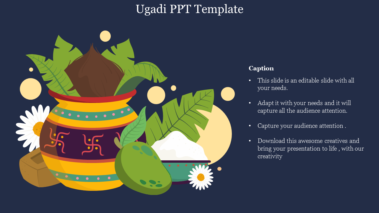 Ugadi slide featuring colorful pot with festive patterns, surrounded by green leaves and flowers, set on a navy background.