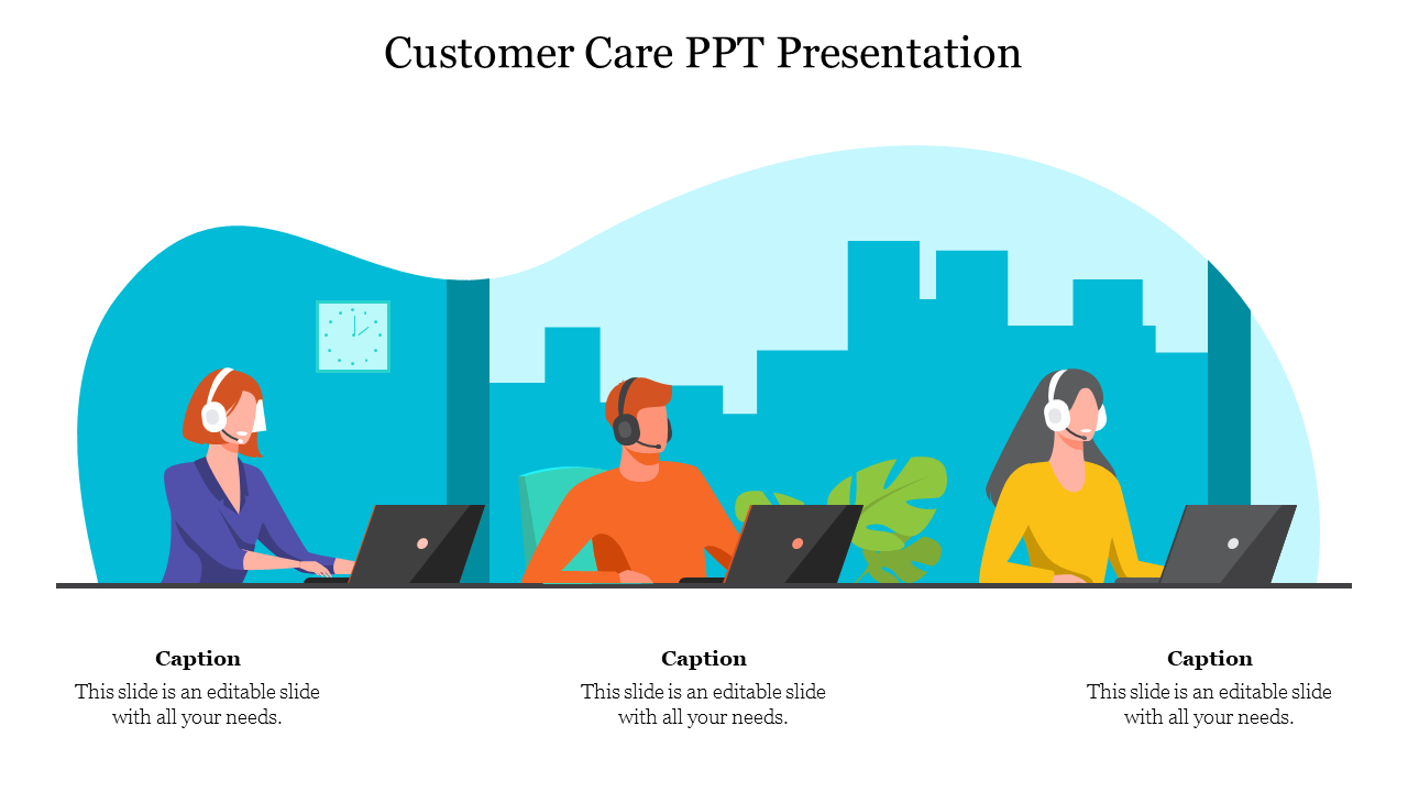 Illustration of three customer care representatives wearing headsets, each working on laptops against a cityscape backdrop.