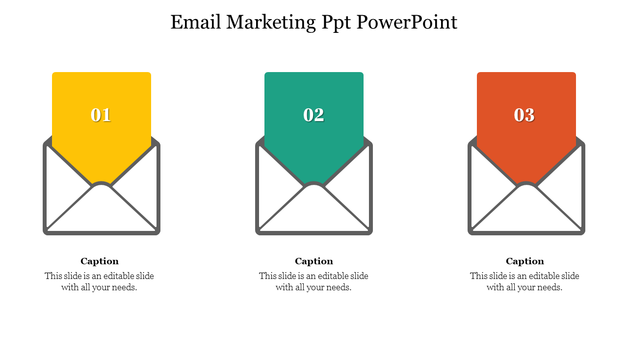 Email marketing slide with three colorful envelope icons labeled 1, 2, and 3, each with captions.