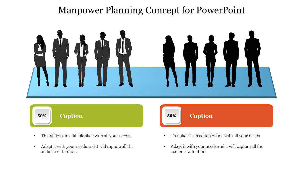 Silhouettes of businesspeople standing on a blue platform, with green and orange text boxes containing percentage labels.