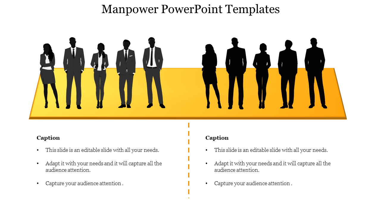 Silhouettes of men and women in business attire standing on a yellow platform, representing manpower.