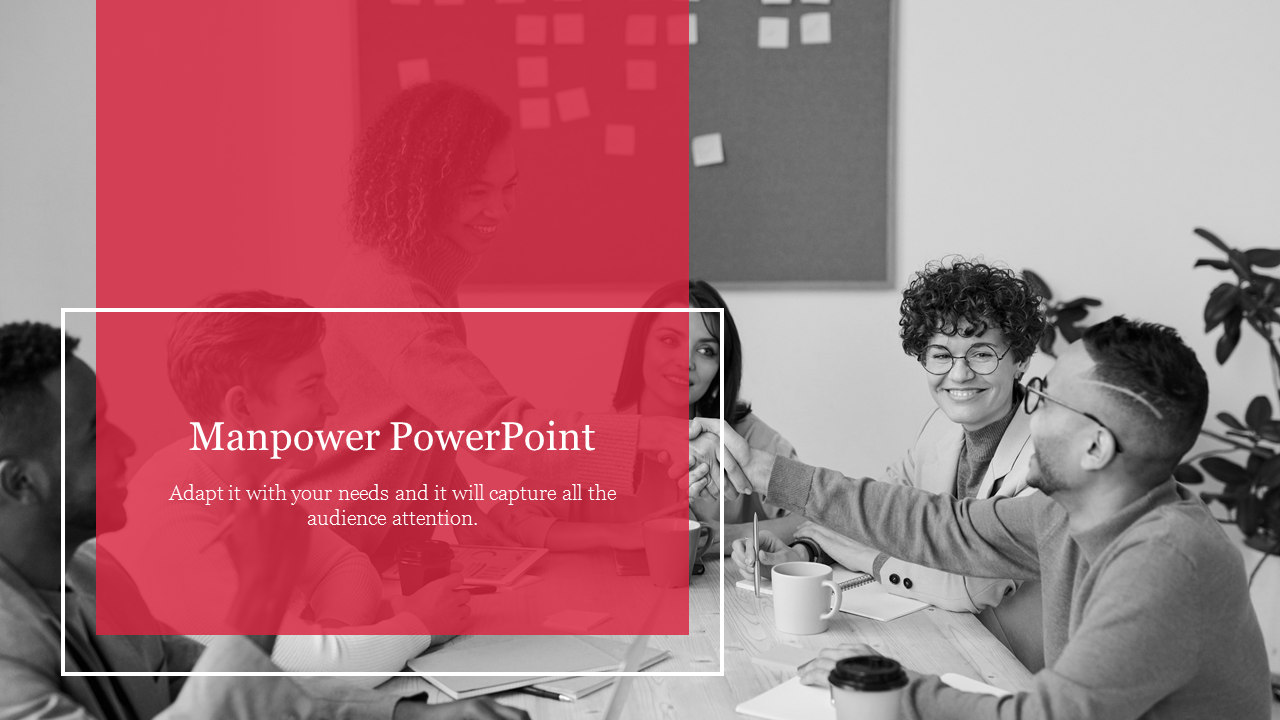 Monochrome photo of coworkers collaborating around a table, overlaid with red and a white-bordered text area about man power.