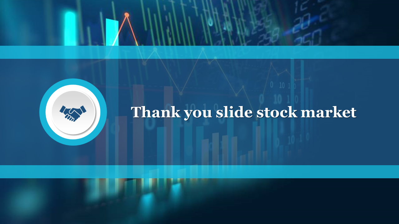 Blue themed thank you slide featuring stock market graphics with a handshake icon and a message about the stock market.