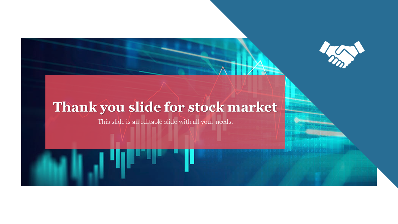 Thank you slide with a red text box over a stock market chart background, and a blue section with a handshake icon.