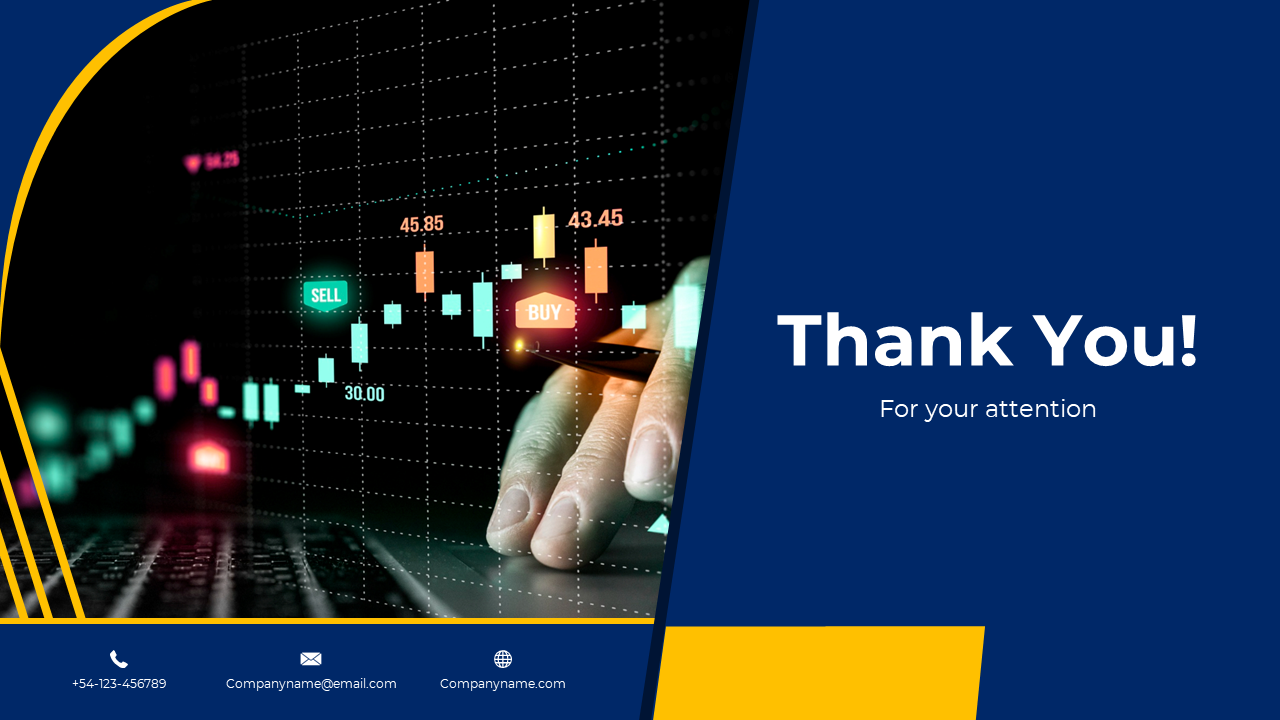 Slide showing a stock market chart and thank you text, split between dark and blue backgrounds with yellow accents.