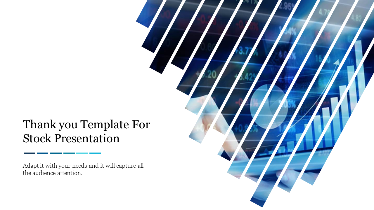 Thank you slide with a stock market theme, featuring diagonal slashes revealing financial graphs and a digital interface.