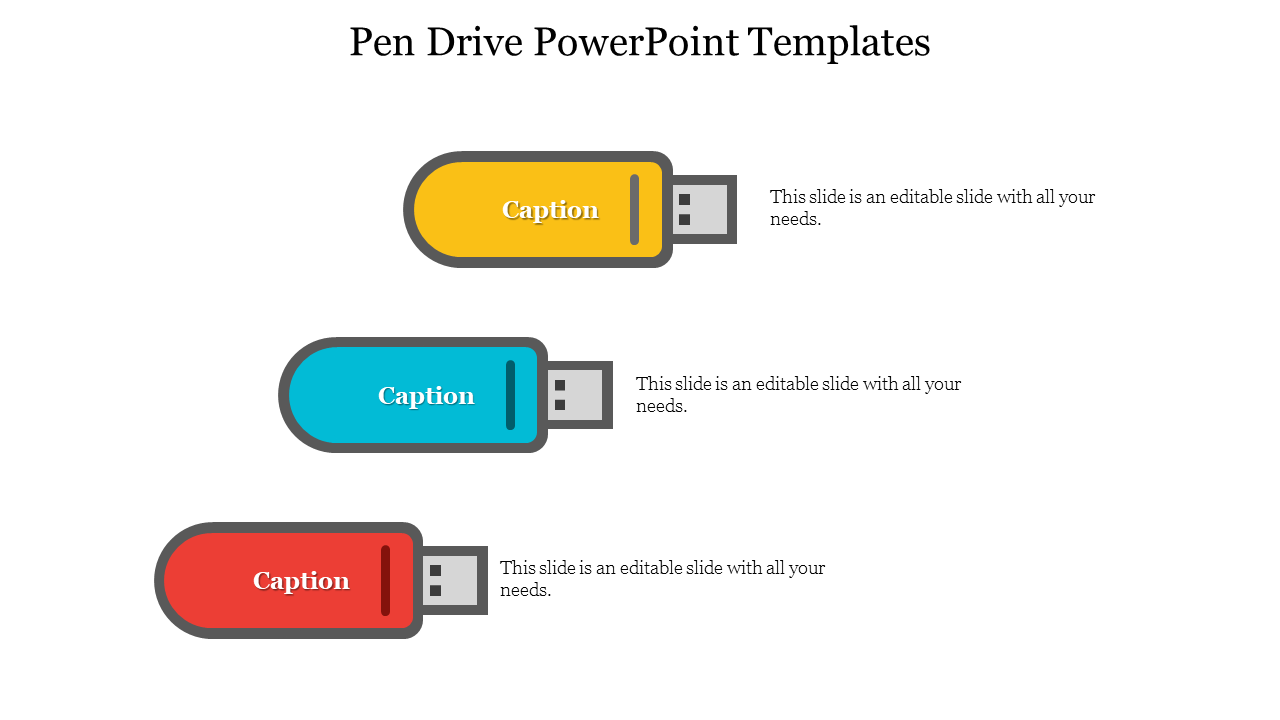 Slide with three USB flash drive illustrations in different colors: yellow, blue, and red, each labeled with caption areas.