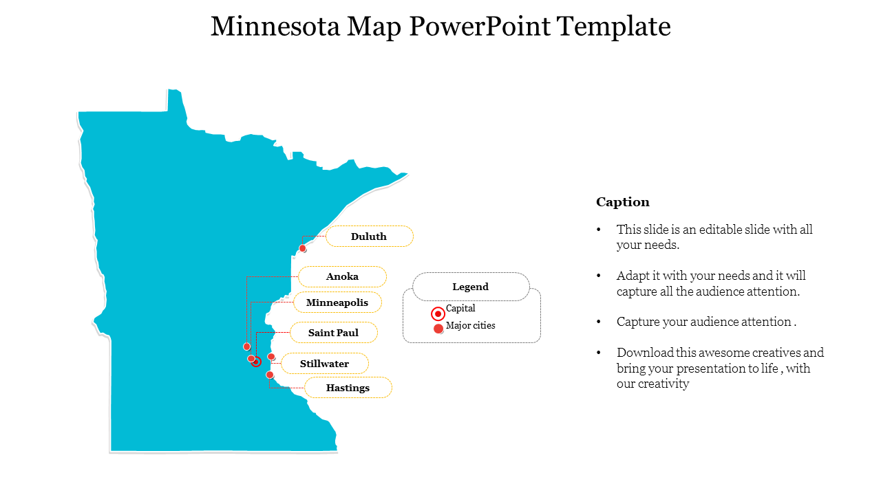 PowerPoint slide showcasing a map of Minnesota, highlighting major cities and the state capital.