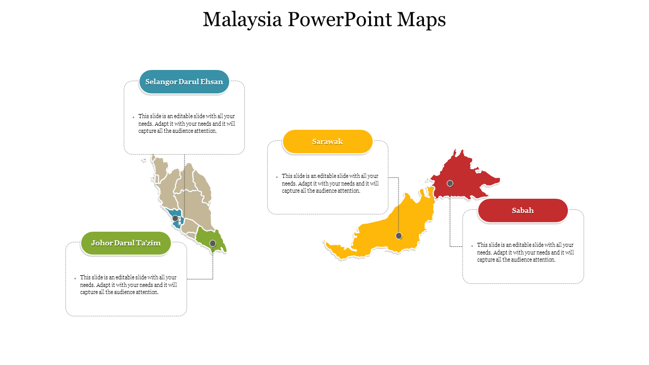 Malaysia map template featuring four regions in distinct colors, each with a label and a placeholder text areas.