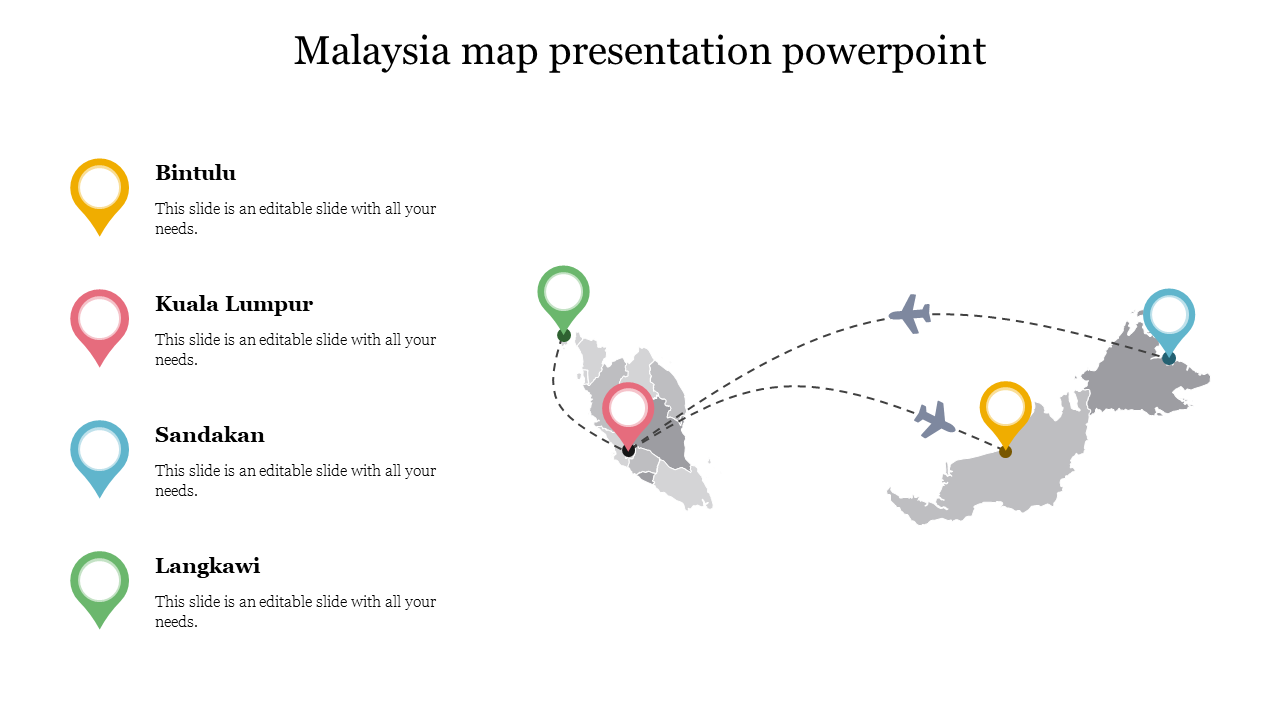 Gray map of Malaysia with four colorful location markers connected by dotted flight paths and captions on the left.