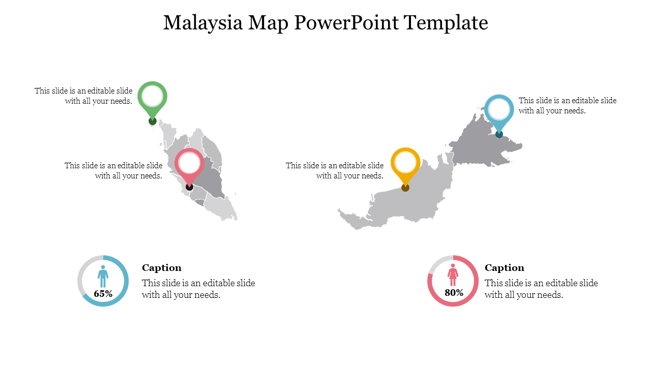 Two grey Malaysia map outlines with colorful markers in green, red, yellow and blue, with two percentage areas at the bottom.