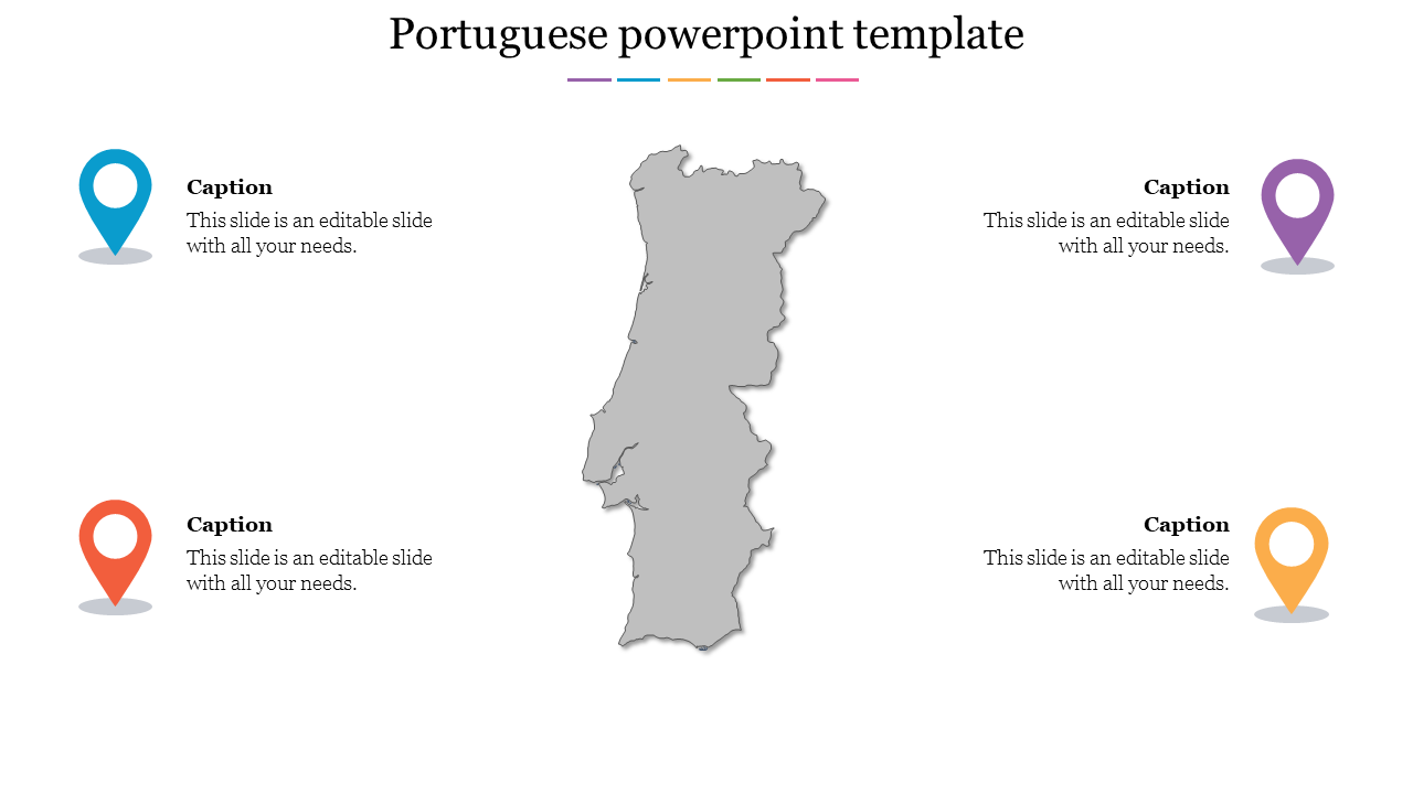 Map of Portugal with four colorful location markers around it, each paired with placeholder text placed in a white background.