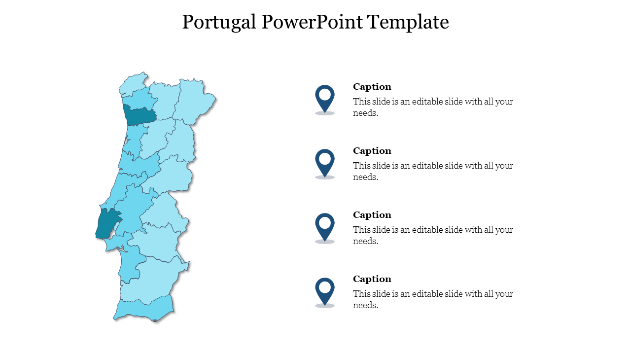 A map of Portugal is displayed, highlighting different regions in varying shades of blue alongside captions.