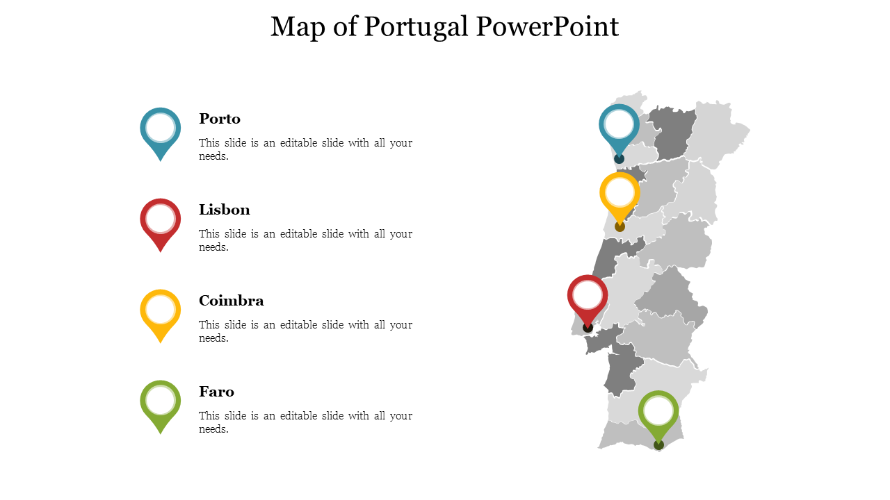 Portugal map with four location markers in blue, red, yellow, and green, each linked to descriptions aligned on the left.