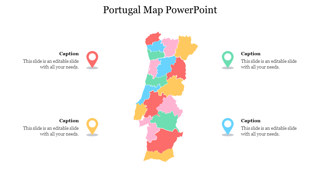 Colorful map of portugal with captions on all four sides, featuring map location pin icons in red, green, blue, and yellow.