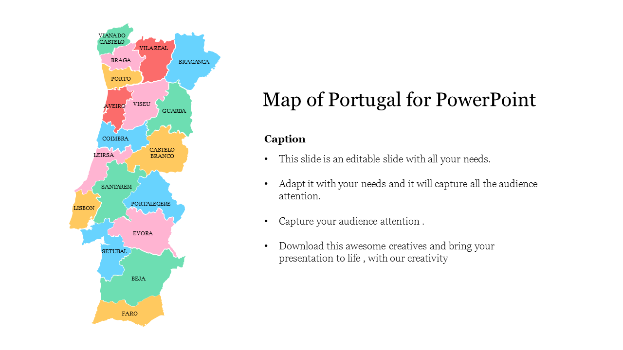 Portugal map infographic with colored regions and labeled caption areas, for presentations.