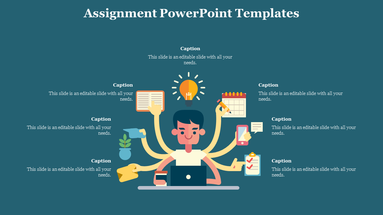 Assignment slide shows a character multitasking with a lightbulb idea above their head and various task icons with text.