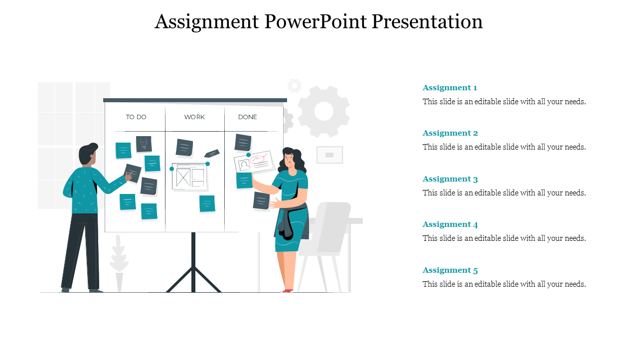 Illustration of two people organizing sticky notes on a task board, with five assignment captions on the right.