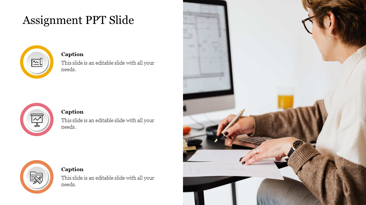 Assignment PowerPoint slide with three captions and icons on the left, featuring a person working at a desk.