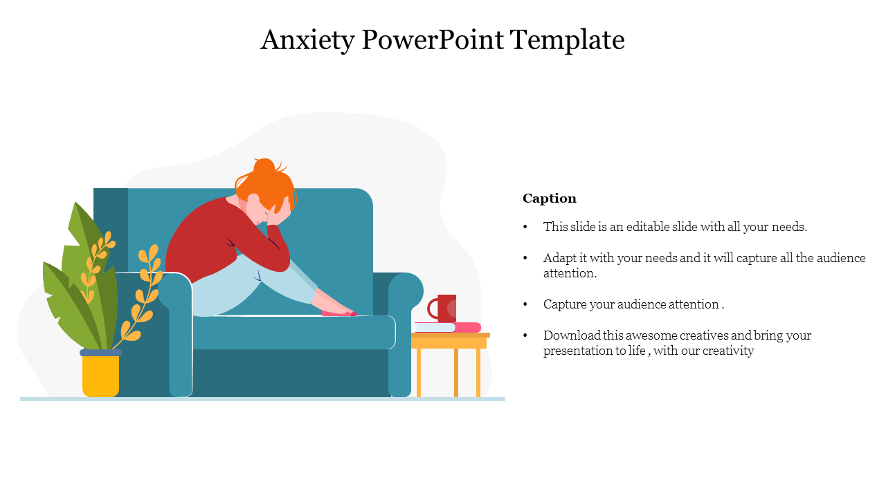 Illustration of a person sitting in a curled up position on a couch, with a coffee table and a plant nearby with text.