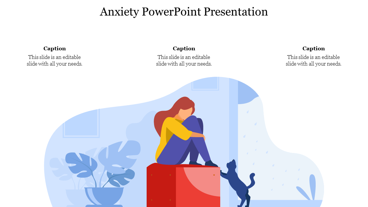 Slide on anxiety, showing a woman with a worried expression sitting on a red box, interacting with a cat.