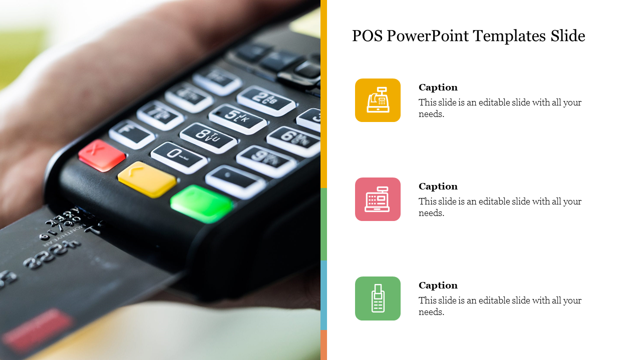 POS terminal close-up with a credit card inserted, three colored icon placeholders for captions on the right.