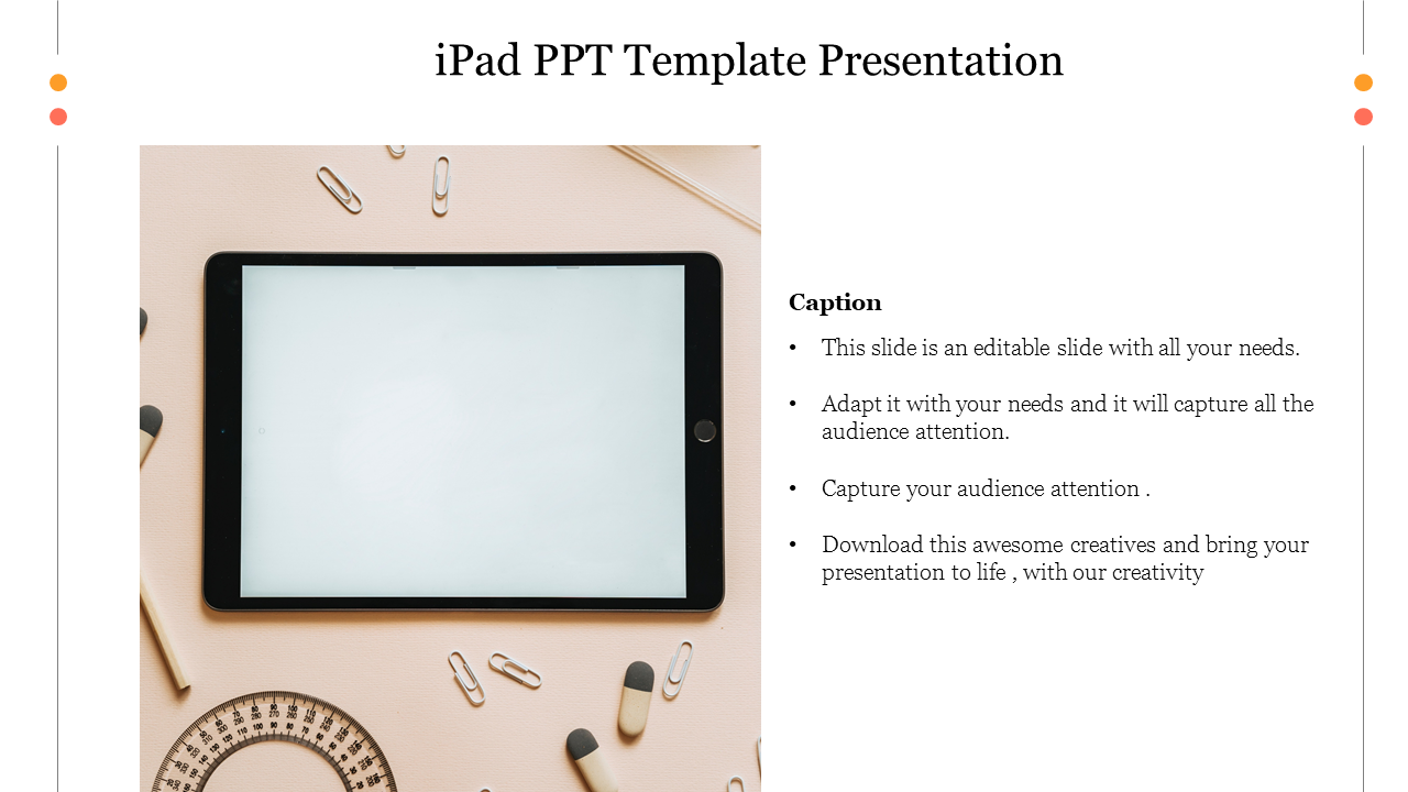 Digital tablet on a pastel desk surrounded by stationery items, with a clean right panel for text in bullet points.