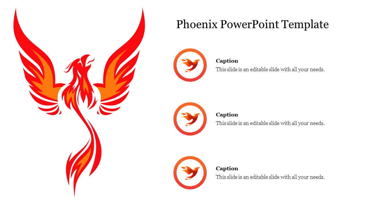 Slide featuring a fiery red and orange phoenix, and three circular icons with captions on the right.