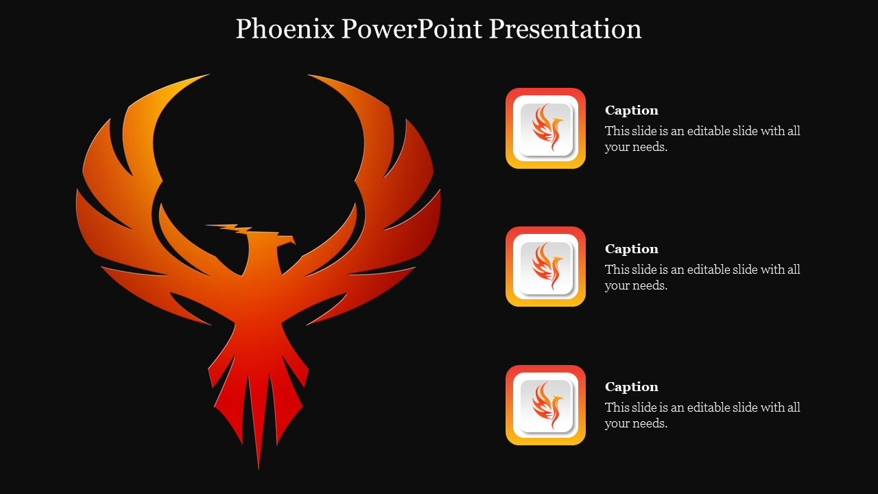 Stylized phoenix logo in vibrant orange and red with three captions and text on a dark backdrop.