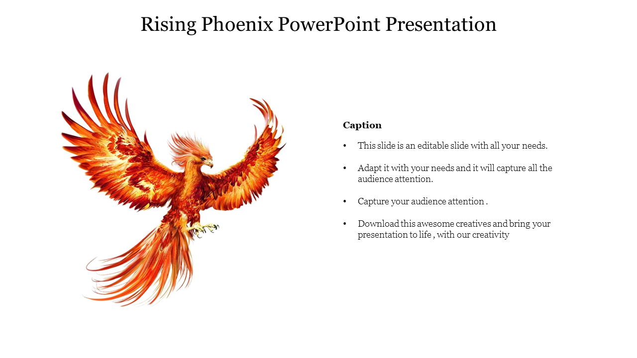 Colorful phoenix graphic slide with text caption on a white background.