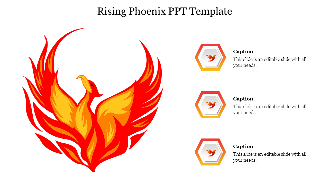 Illustration of a rising phoenix in vibrant red, orange, and yellow hues, with three hexagonal icons on the right.