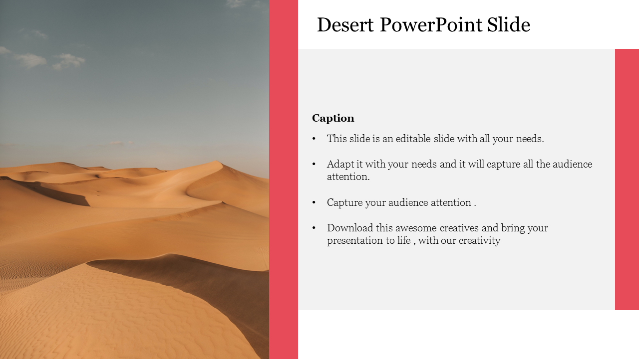 Desert themed PowerPoint slide with dunes image and caption text on the right.