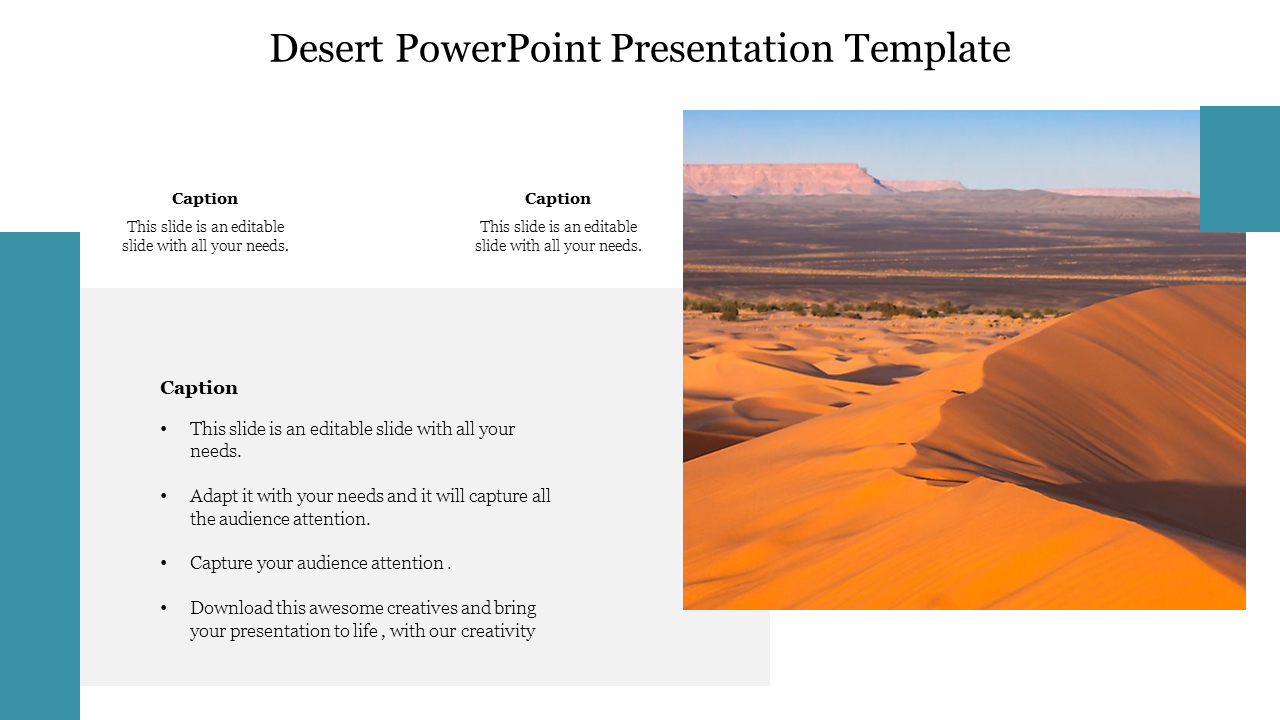 A template featuring a desert scene with orange sand dunes on the right and placeholder  text  areas on the left.