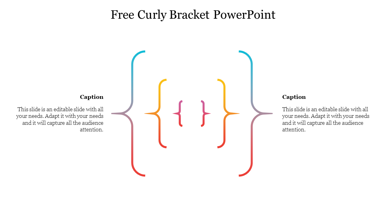 Slide featuring gradient-colored brackets in the middle, with text placeholders on each side.