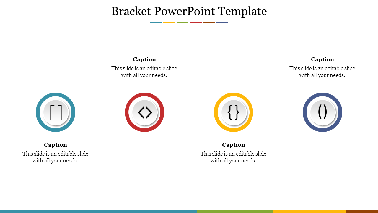 Slide showing symbols for square, angle, curly, and round brackets, each in a unique colored circle with captions.