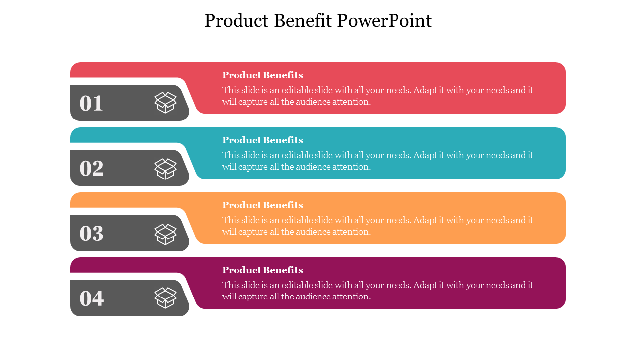 A slide showing four colorful sections, each highlighting product benefits with text and number labels 01 to 04.