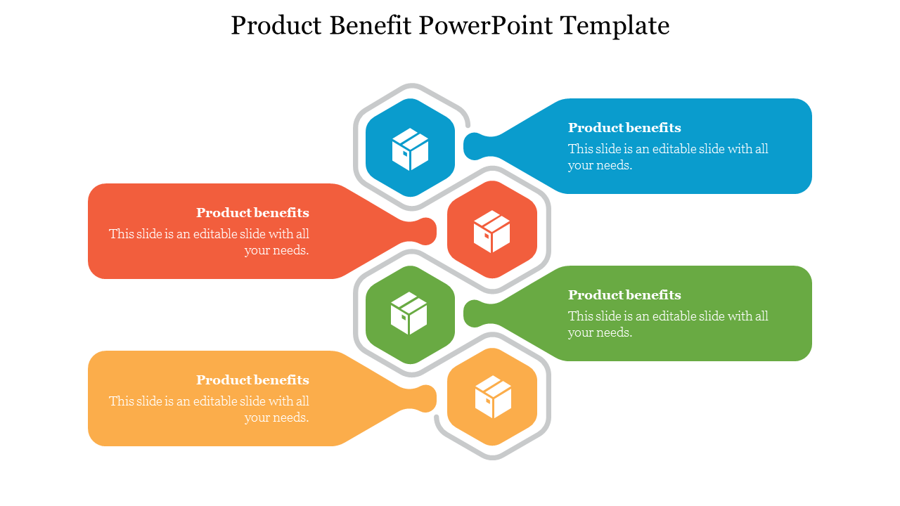 Slide displaying product benefits with a boxed icon in the center surrounded by four colorful sections with placeholder text.