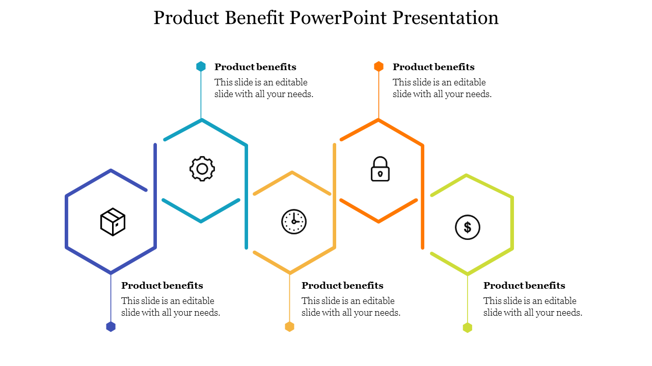 Colorful hexagonal diagram with icons inside, representing product benefits in blue, teal, yellow, orange, and green.