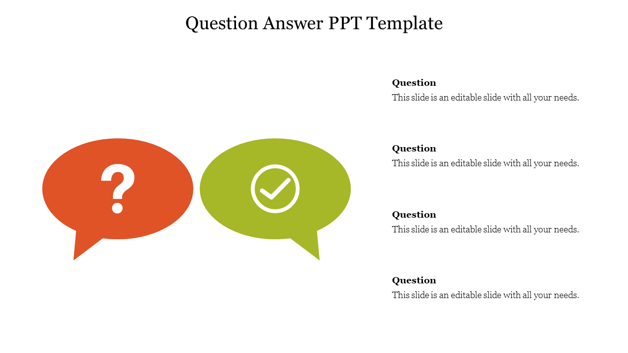 Slide layout for a Q&A session featuring two speech bubbles with a checkmark and a question mark, each with caption areas.