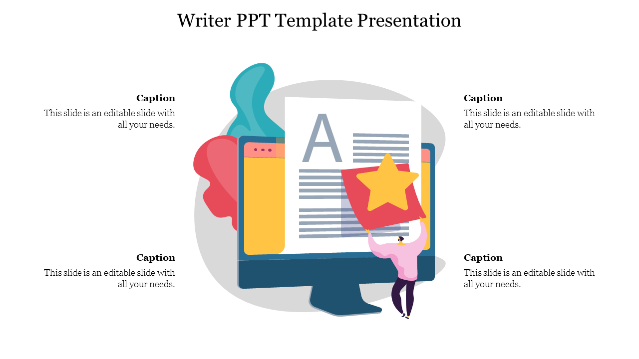 A slide for a writer themed presentation, featuring a computer with a large letter A and a star, along with caption spaces.