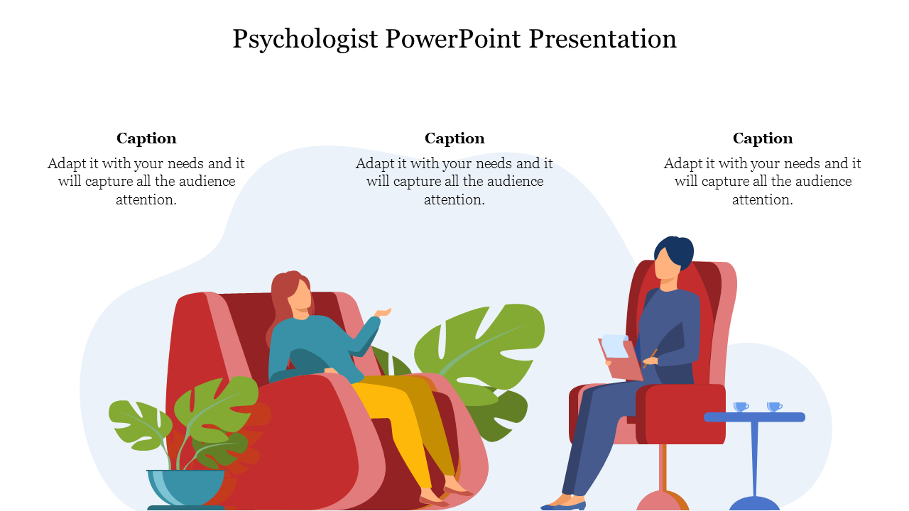 Psychologist PPT slide featuring a counseling session with a therapist and a client in comfortable chairs with captions.