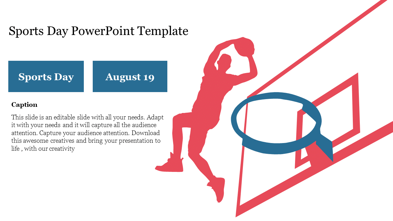 Sports Day slide with a silhouette of a basketball player dunking near a hoop graphic and two blue caption boxes.